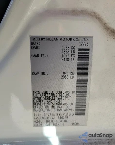 2024 Nissan Altima Sv from USA, damaged, VIN 1N4BL4DV2RN367355